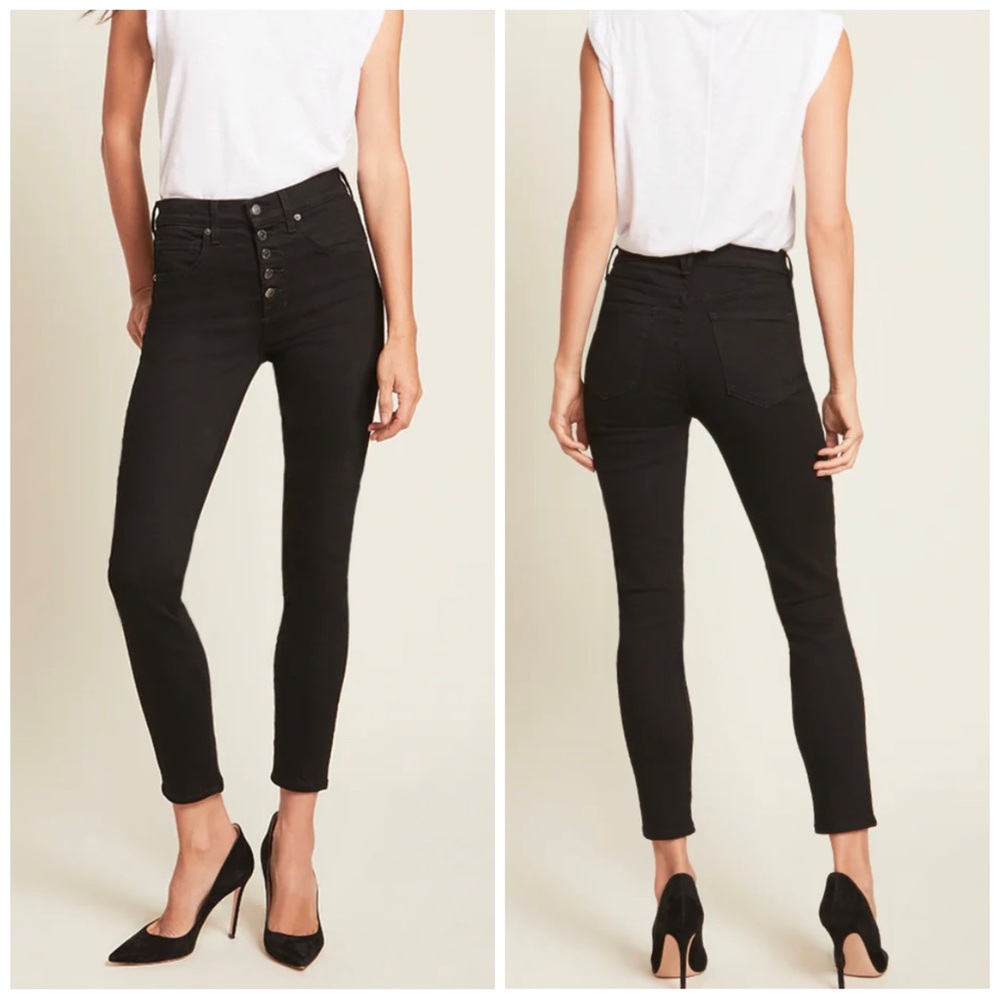 Veronica Beard Debbie 10” Skinny Gold Button Skinny Stretch Jeans, 32